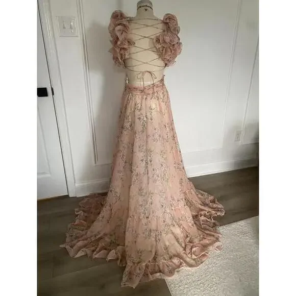 Mac Duggal - Women’s Tiered Pink Floral Chiffon Gown, cutout back, size 10 - Picture 8 of 13